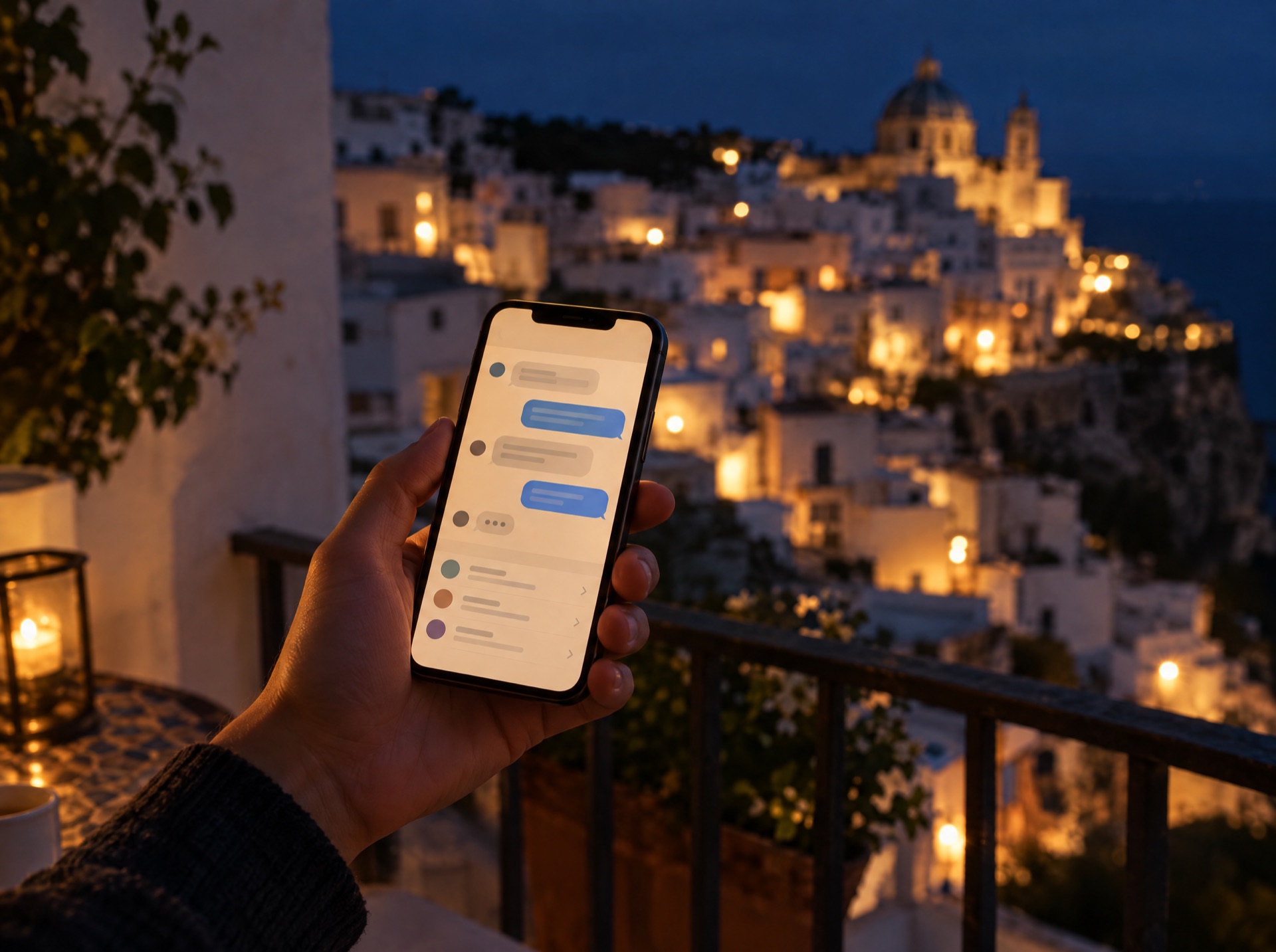 Mano che tiene un telefono con una conversazione aperta davanti a un paese bianco della Valle d'Itria illuminato di sera