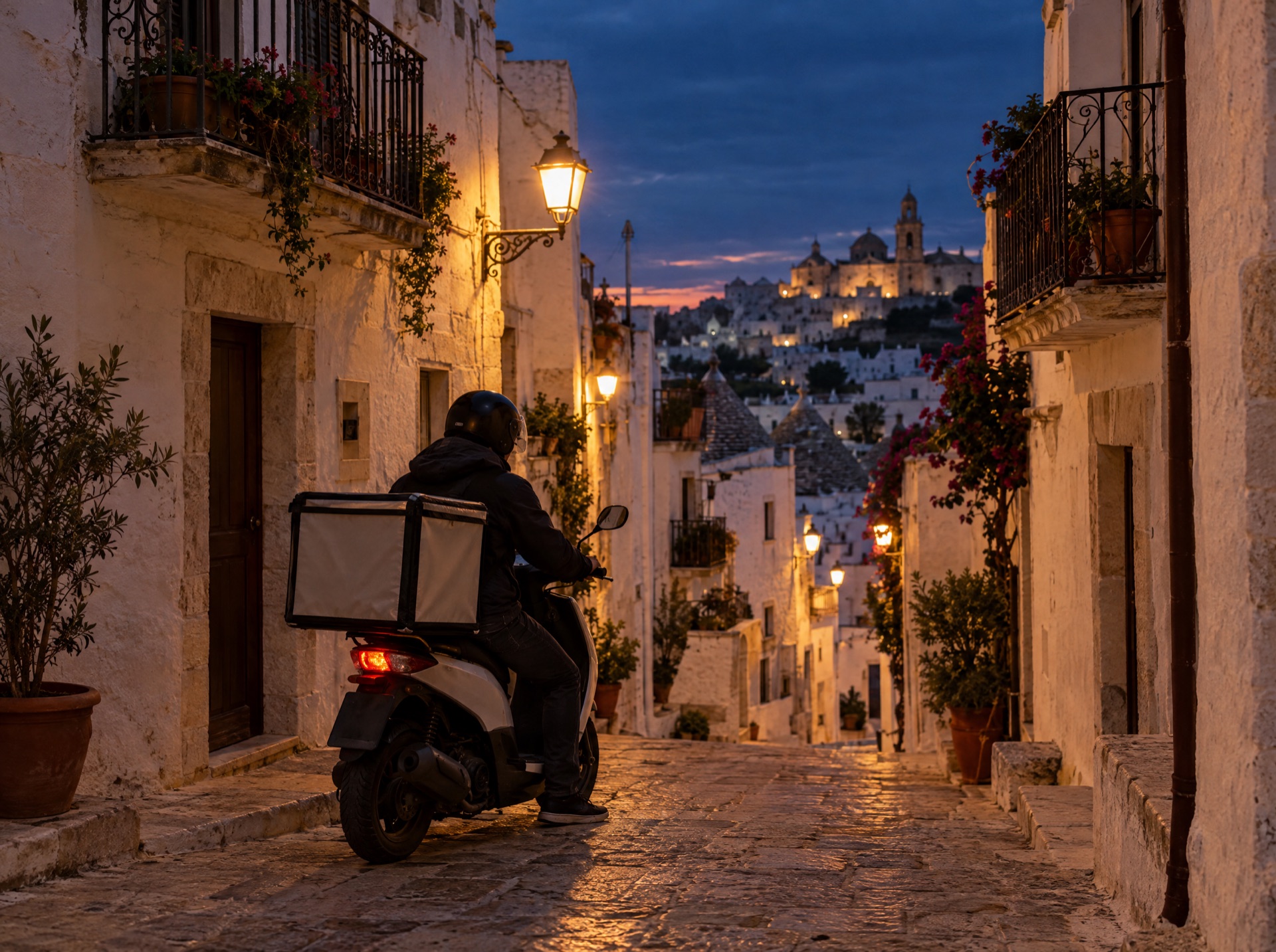 Corriere in scooter con box per le consegne in un vicolo di pietra bianca della Valle d'Itria al tramonto