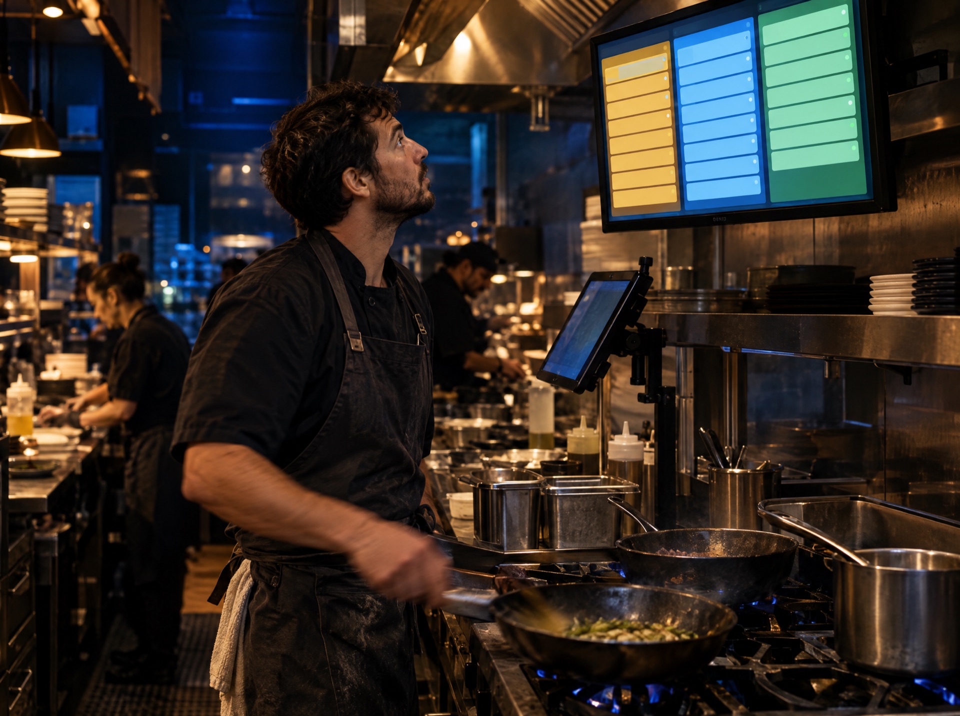 Cuoco che controlla lo schermo degli ordini a colonne colorate sopra i fornelli di una cucina professionale